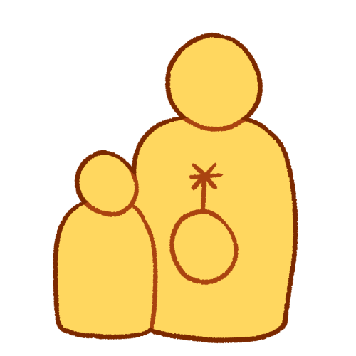 A simple emoji yellow figure with a nonbinary symbol, with a smaller emoji yellow figure on the left side of them.